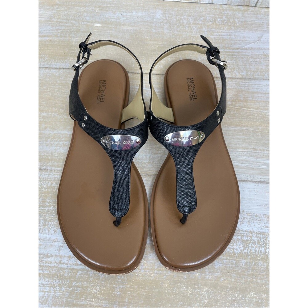 Michael Kors MK Plate Silver Logo Women's Black Leather Sandals Sz 9M - Picture 2 of 10